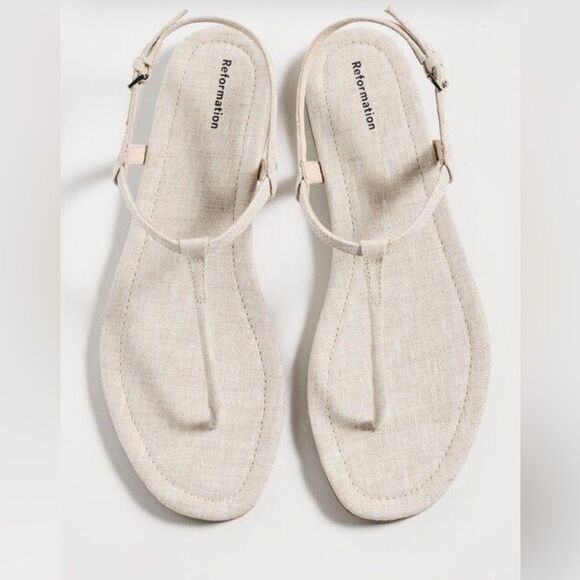 Reformation Cream Linen Thea T-Strap Women's Sandals - Picture 8 of 10